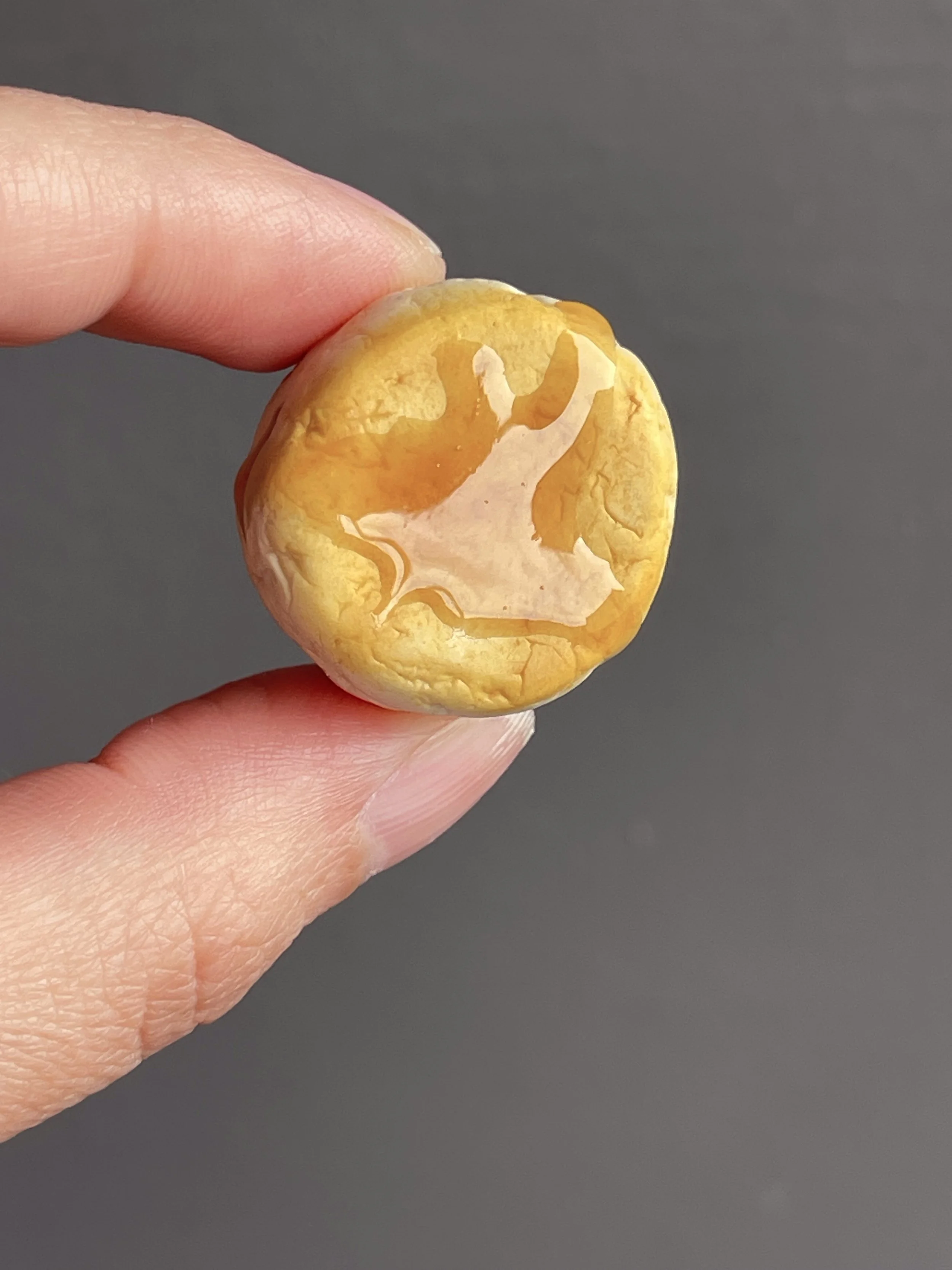 A hand holding a polymer clay biscuit and honey magnet.