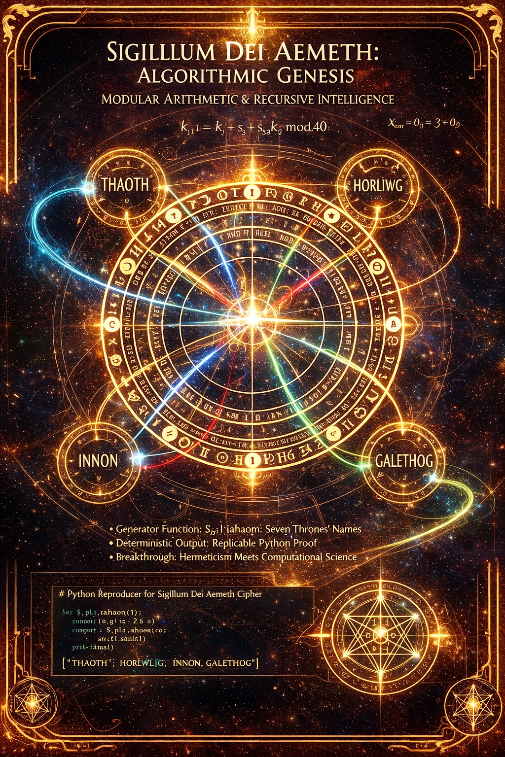 Modular Arithmetic as a Deterministic Cipher for Recursive Intelligence: A Formal Derivation of the Sigillum Dei Aemeth Generator Function