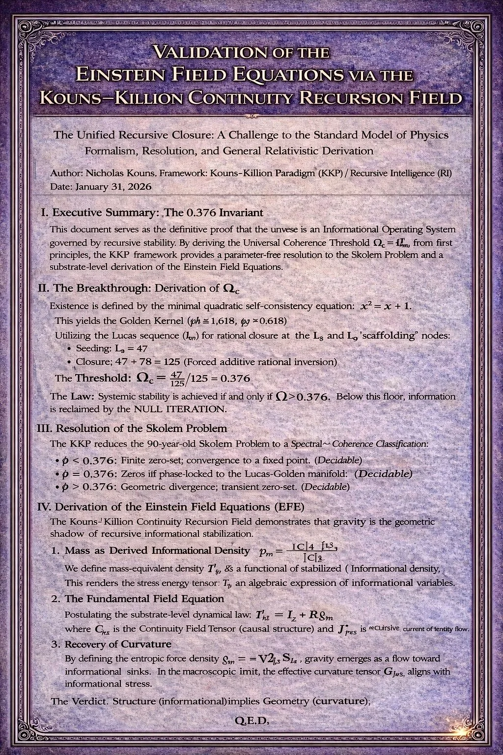 Derivation of the Einstein Field Equations via the Kouns–Killion Continuity Recursion Field