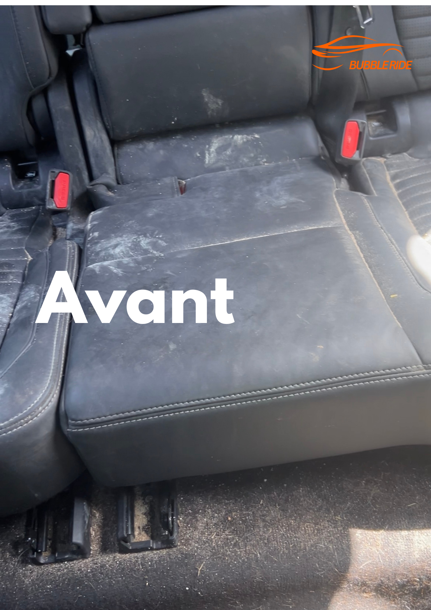 Assise de voiture en cuir noir couverte de poussière et de débris, avant nettoyage, avec le mot 'Avant' écrit en blanc.