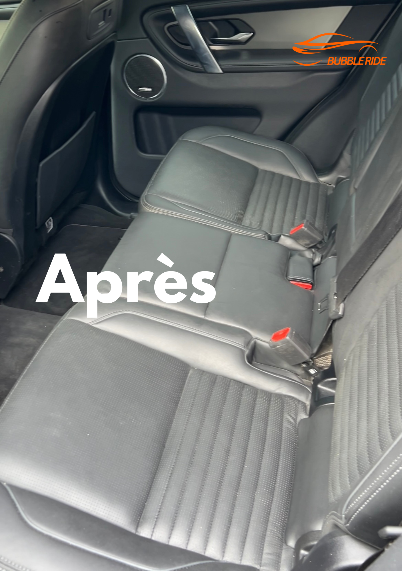 L'intérieur d'une voiture, vue des sièges arrière en cuir, avec le mot 'Après' écrit en blanc et le logo de Bubbleride en haut à droite.