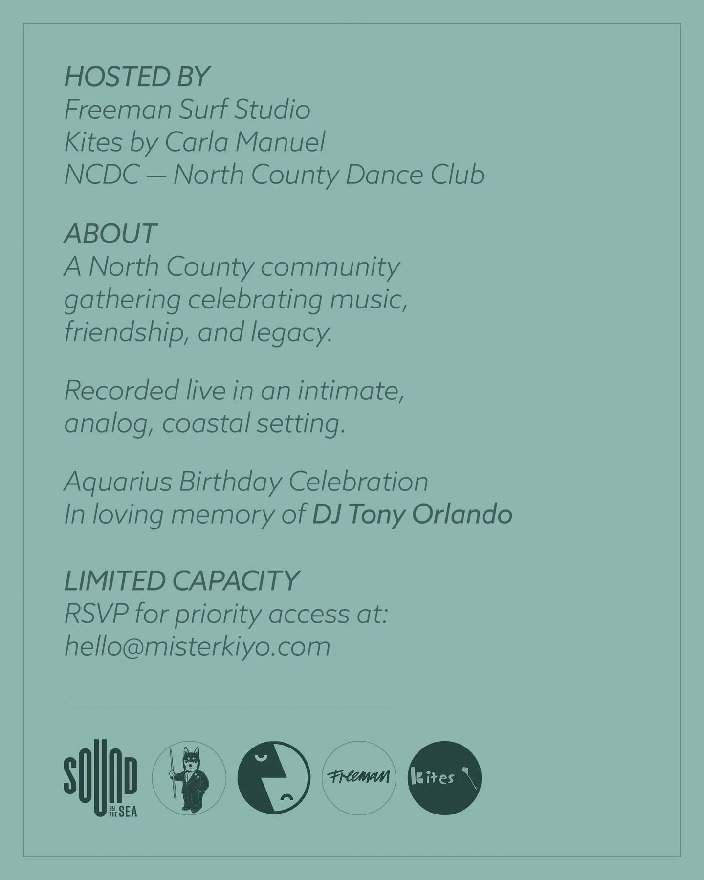 NC⚡️DC + Sound By The Sea Event 001

February 7th 2026
Saturday 5:00 - 11:00pm 

Sound By The Sea
325 S Coast Hwy, Oceanside, CA 92054

An intimate North County Dance Club gathering celebrating music, friendship, and community.
Recorded live in a coa