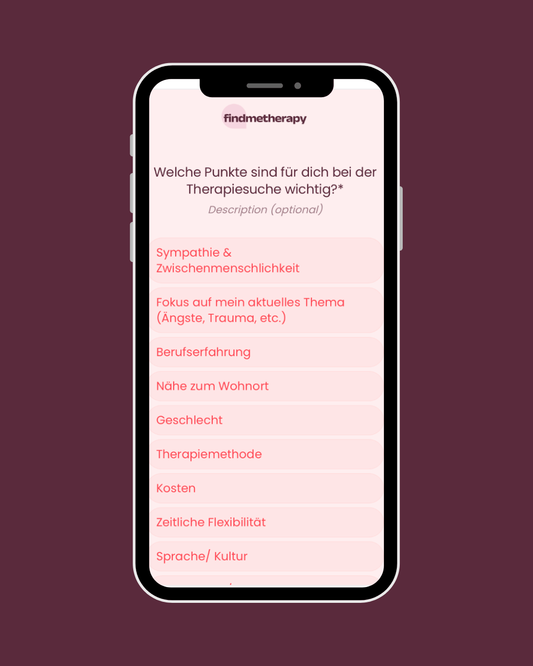 Smartphone-Screenshot des findmetherapy Fragebogens zur Therapeutensuche in Wien mit Auswahlpunkten wie Sympathie und Themenfokus