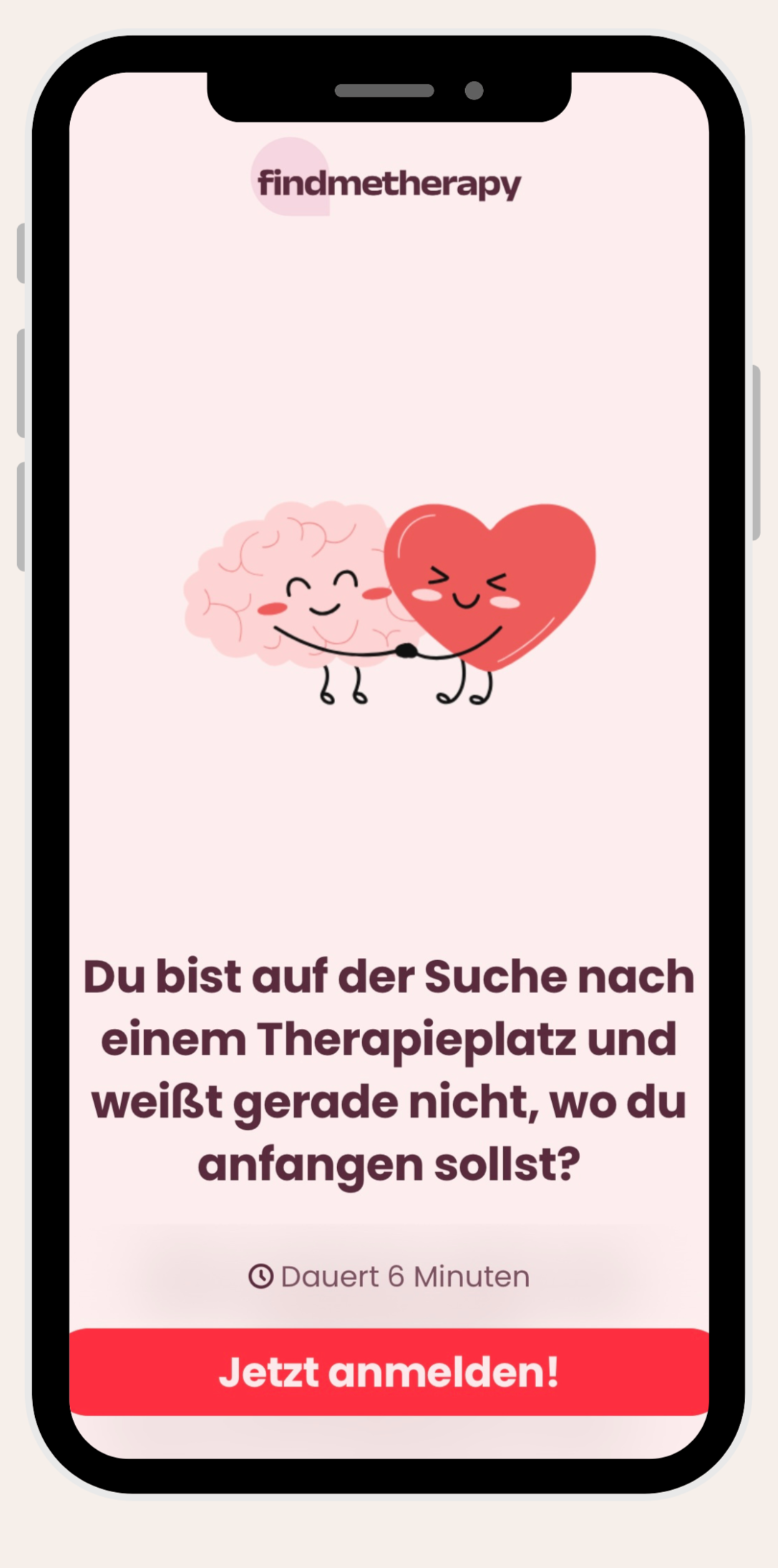 Digitales Smartphone-Display mit Illustration eines Herz und eines Gehirns, die sich halten, und Text in Deutsch, der auf eine Therapieplatzvermittlung hinweist.