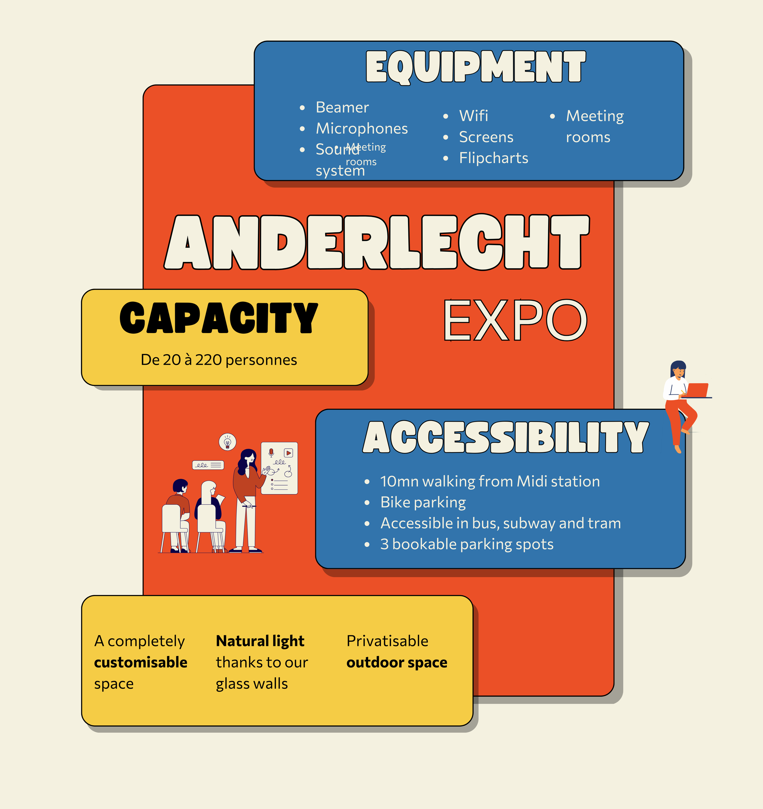 Professional events room in Anderlecht, Brussels - Modular space for 20 to 220 people with modern equipment, optimum accessibility and natural light