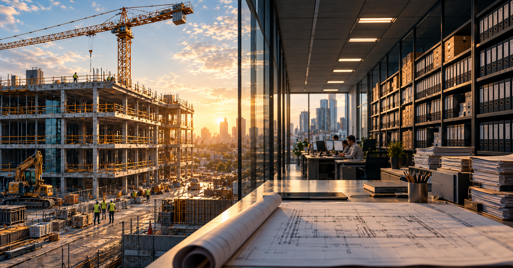 Concept illustration connecting a housing construction site with planning documents and an administrative archive.