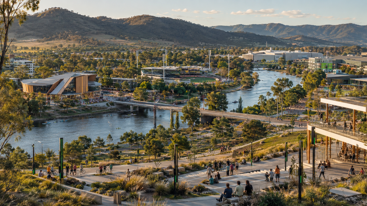 Windland concept visual showing a riverside destination with landscaped public spaces, connected venues and surrounding hills.
