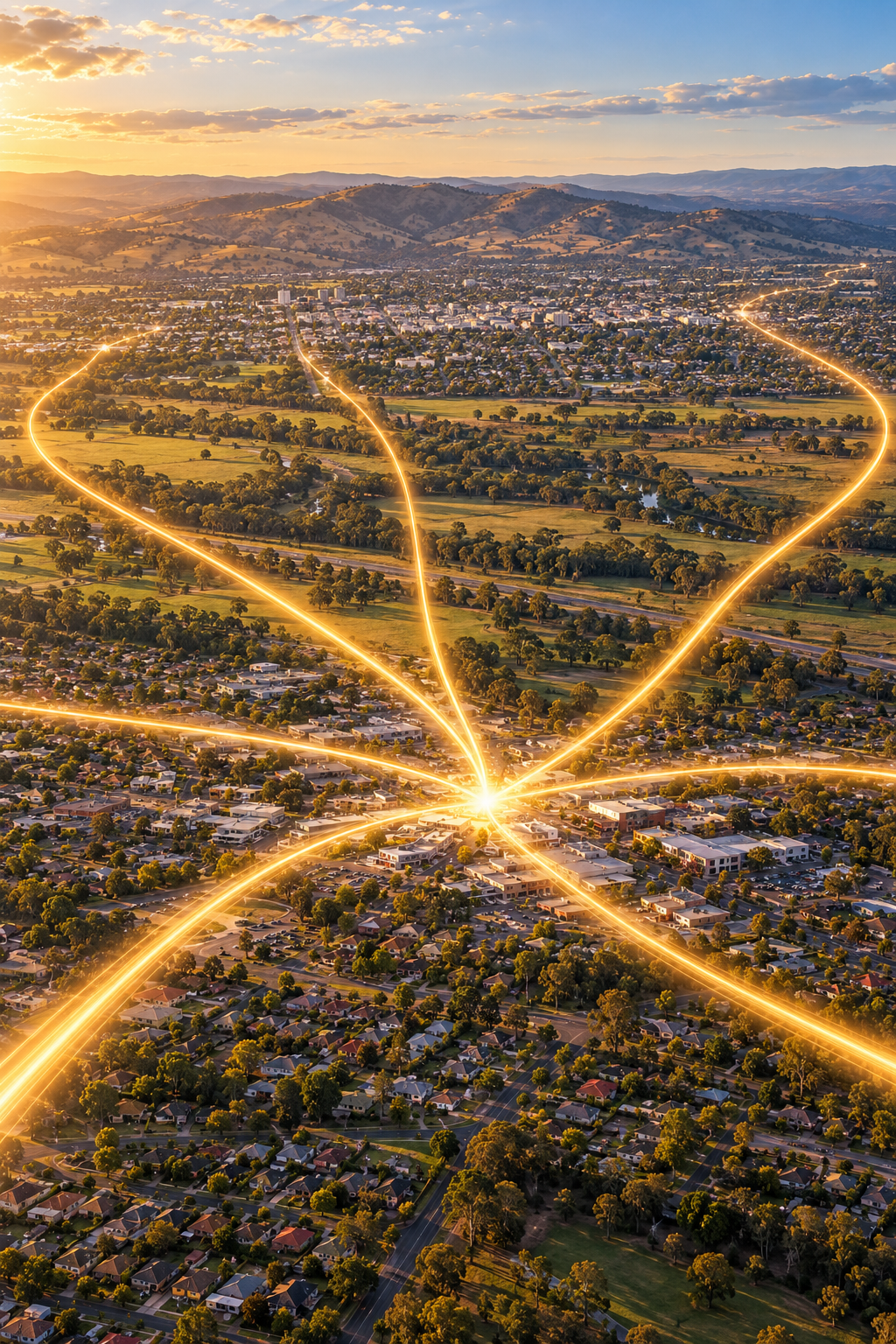 Concept illustration of golden trails extending from a central point across the Albury–Wodonga landscape.