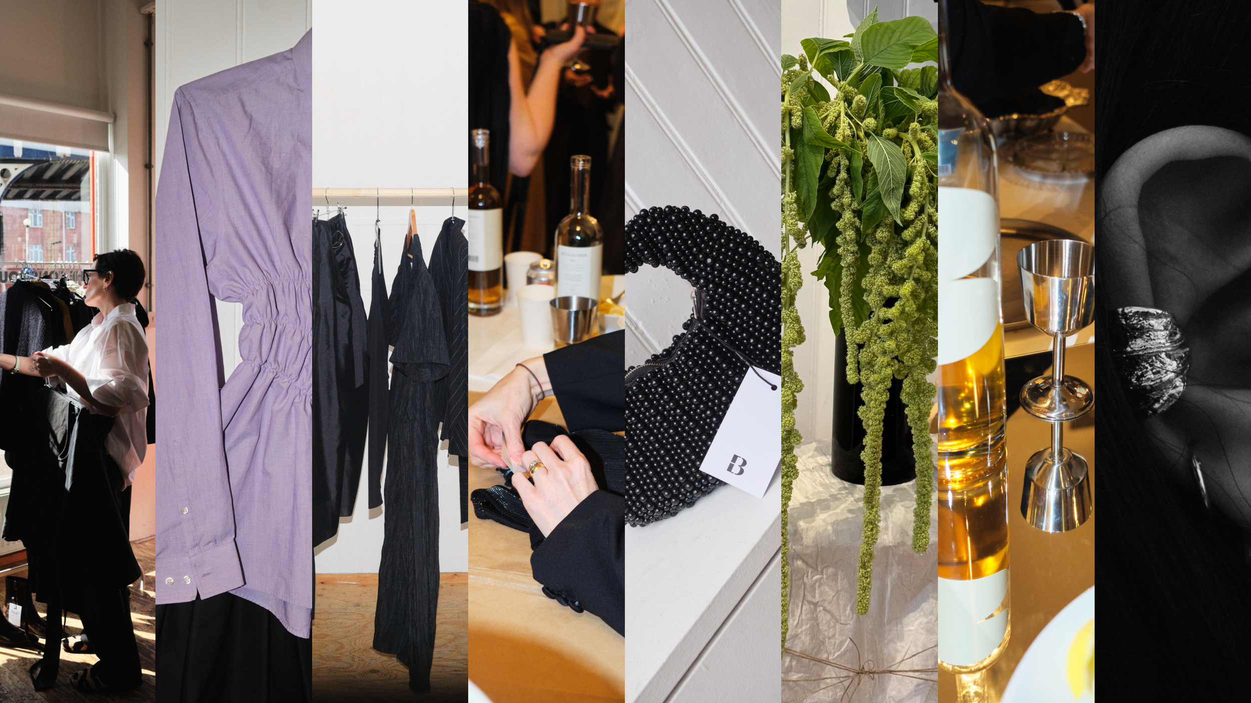 A collage of various scenes including a woman shopping, hanging black and purple dresses, a person tying a black beaded clutch, bottles of alcohol and coffee cups on a table, a tall green plant, and a table with glassware and a decorative object.