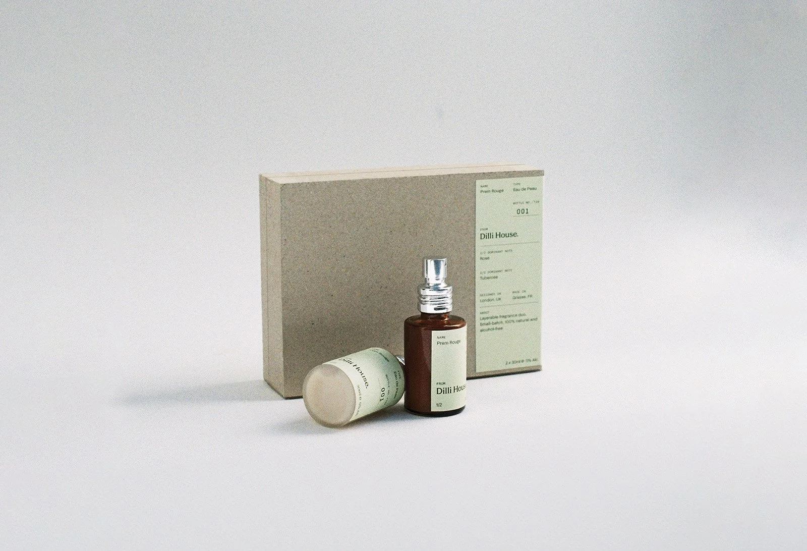 Prem Rouge Eau de Peau natural layerable fragrance duo with kraft packaging by Dilli House