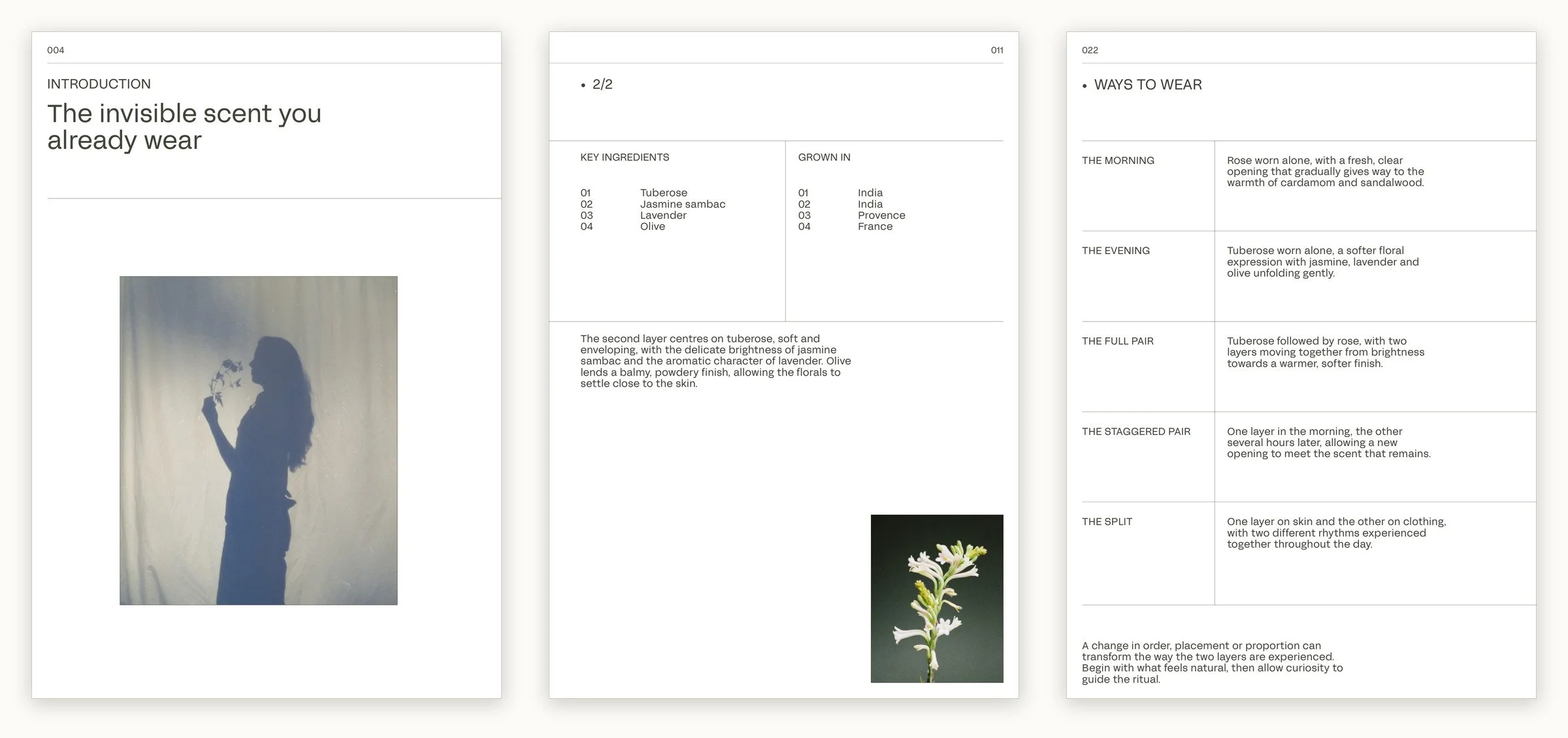 Three pages from The Living Scent: the introduction, the ingredients of 2/2 and where they are grown, and five ways to wear the two scents