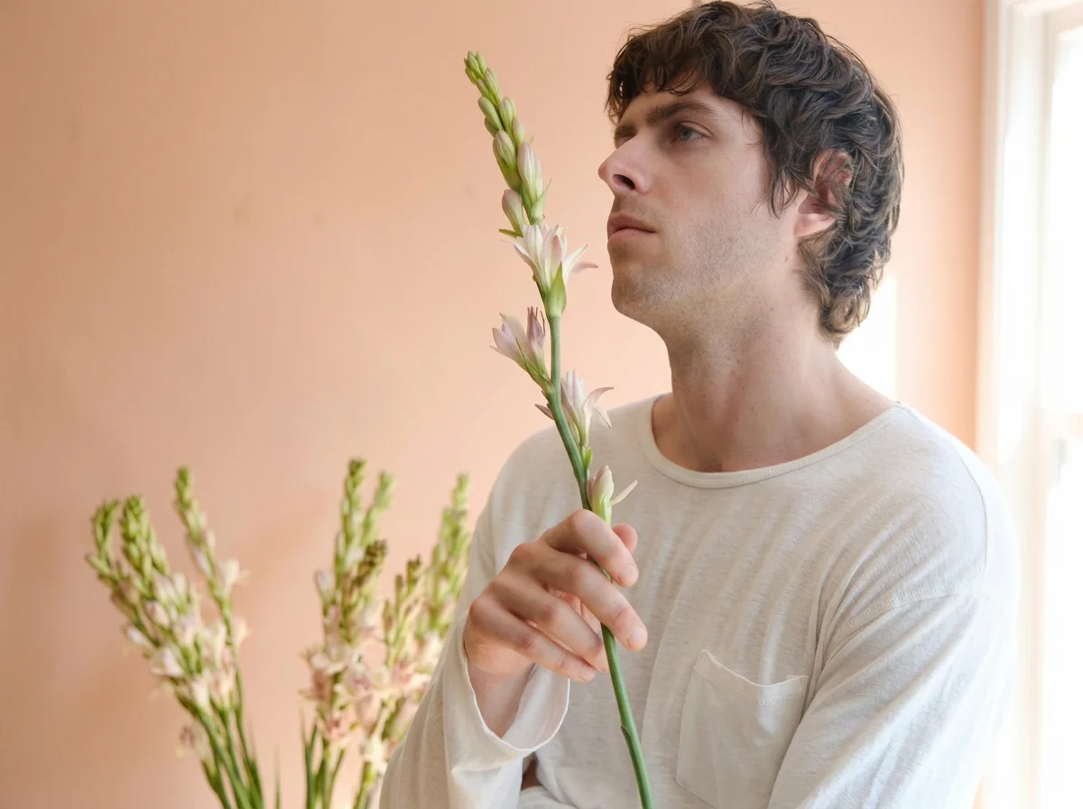 A man holding a stem of tuberose to his face