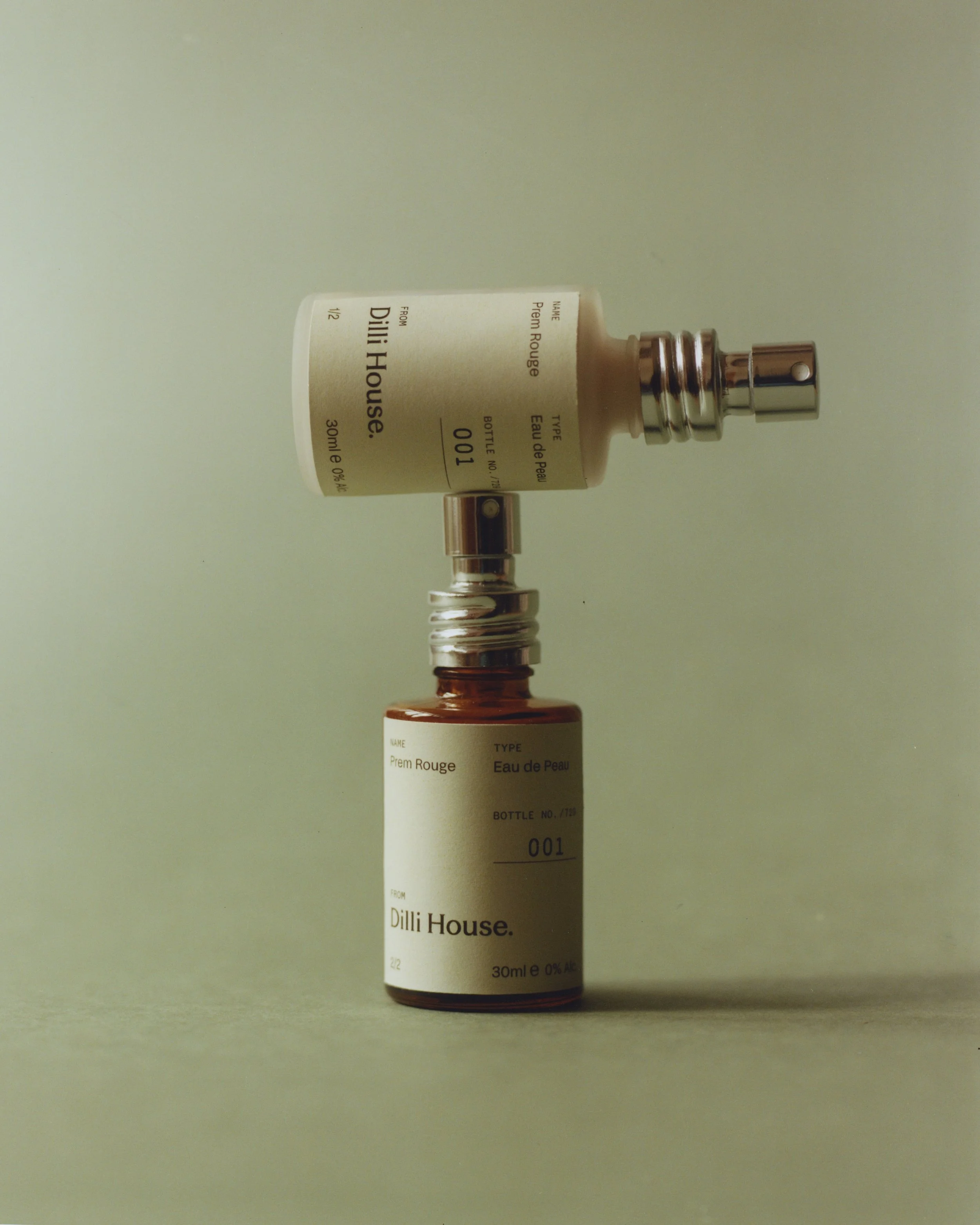 Prem Rouge Eau de Peau alcohol-free natural fragrance bottle close-up by Dilli House