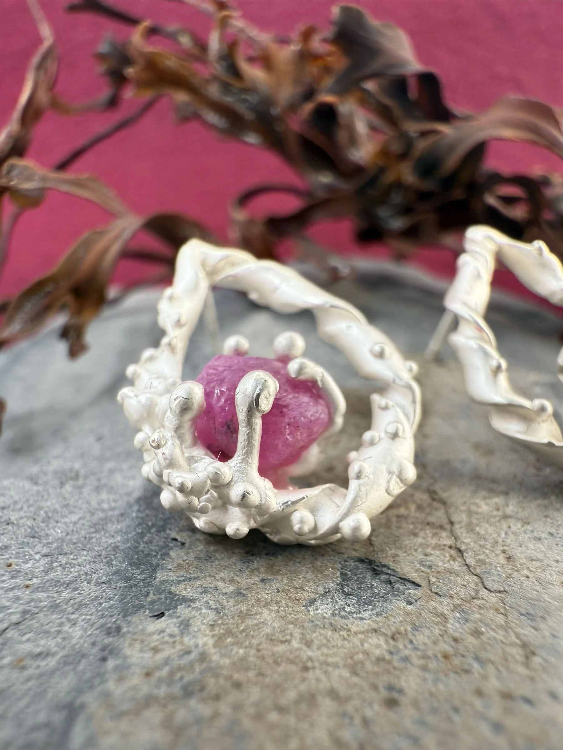 Seaweed Twist and Anenome Pink Rough Ruby Teardrop Silver Stud Earrings