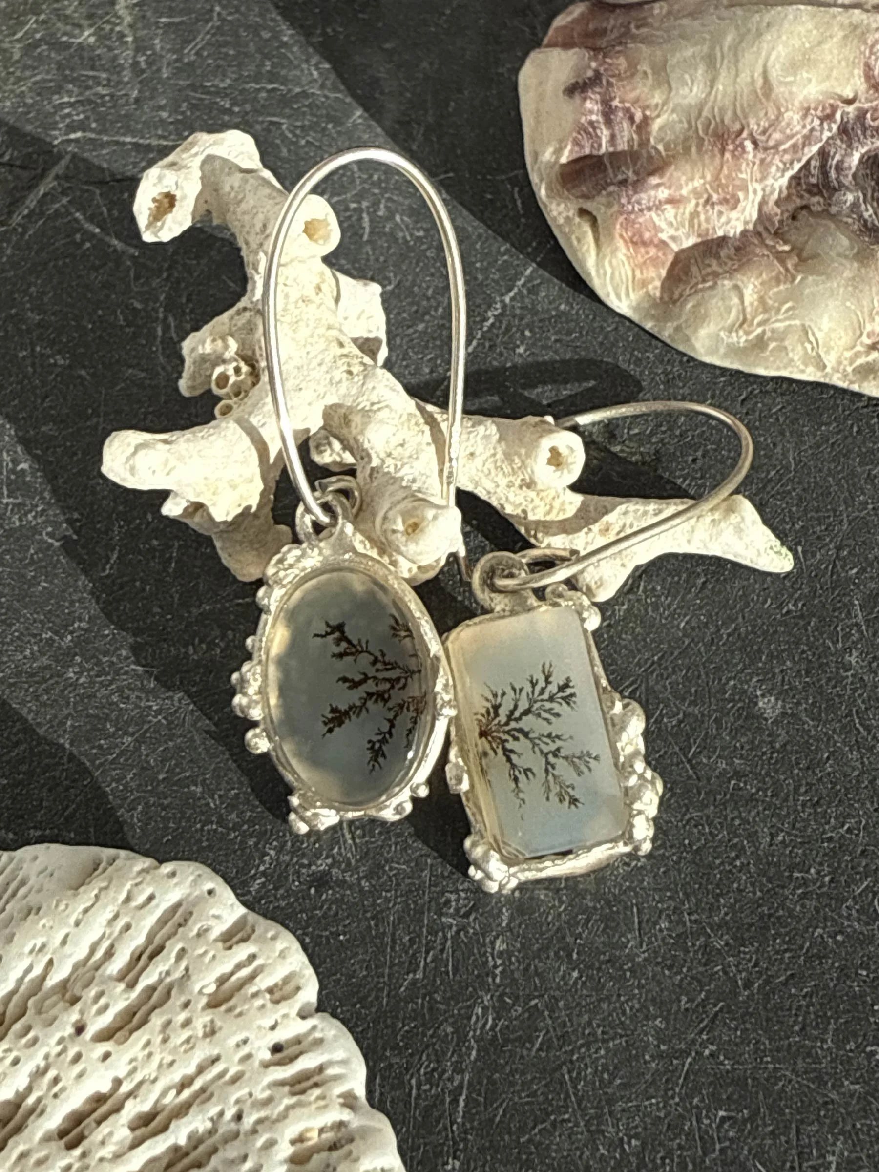 Rockpool Asymmetric Earrings with Dendritic Agates cased in Silver Sea Spray