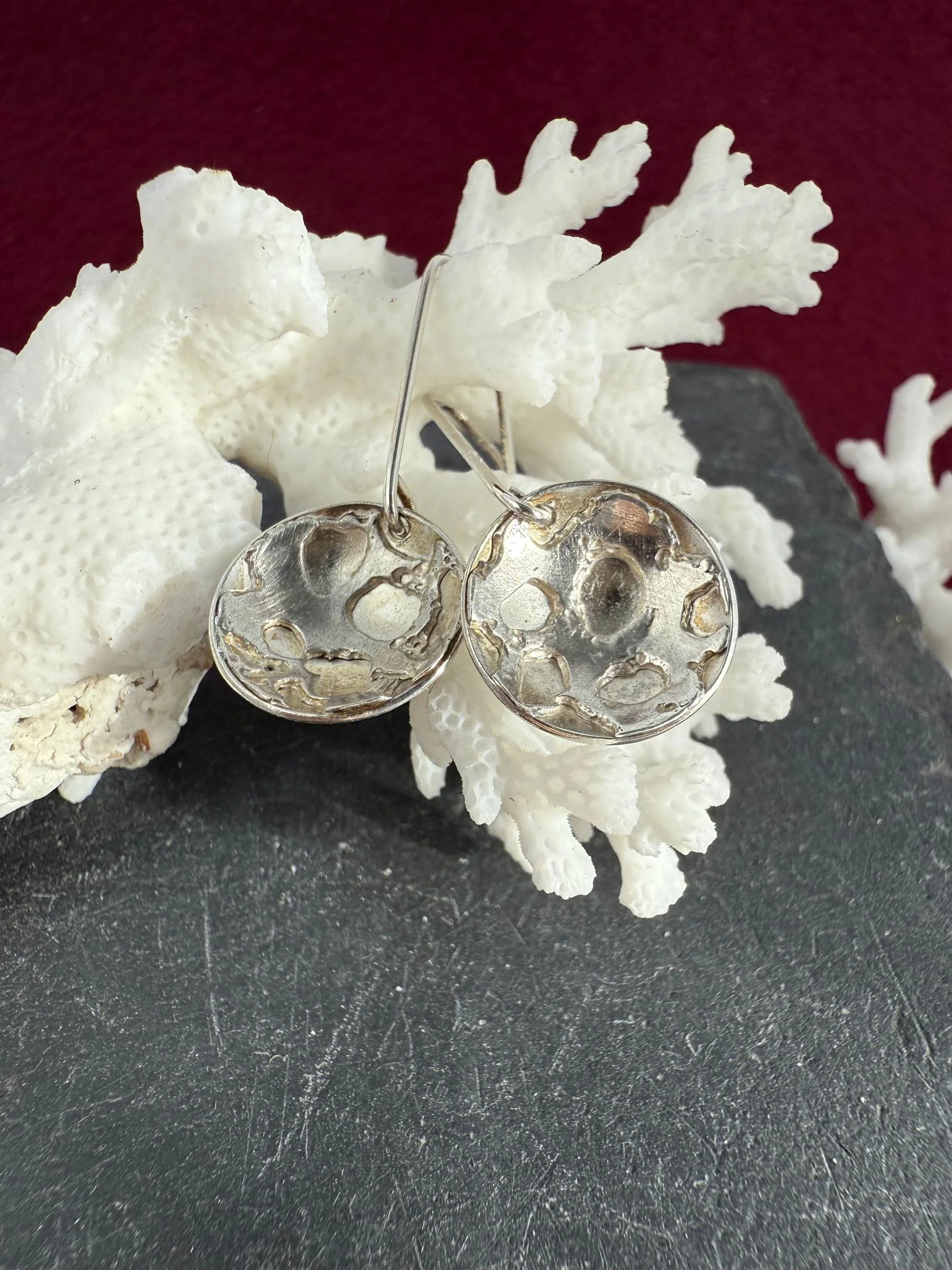 Coral Double Layer Textured Etched Round Long Hook Silver Earrings