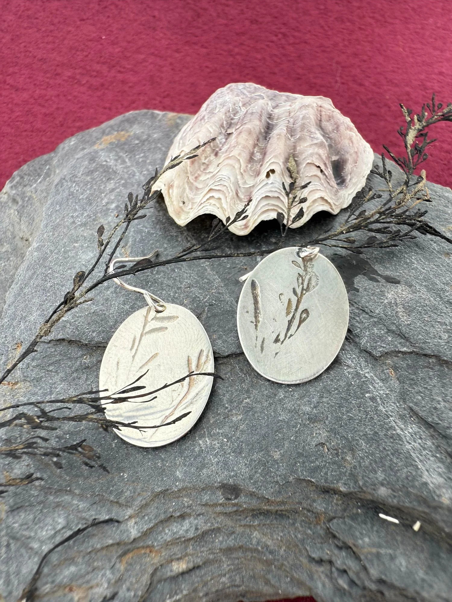 Rockpool Textured Seaweed Imprint Medium Oval Silver Earrings