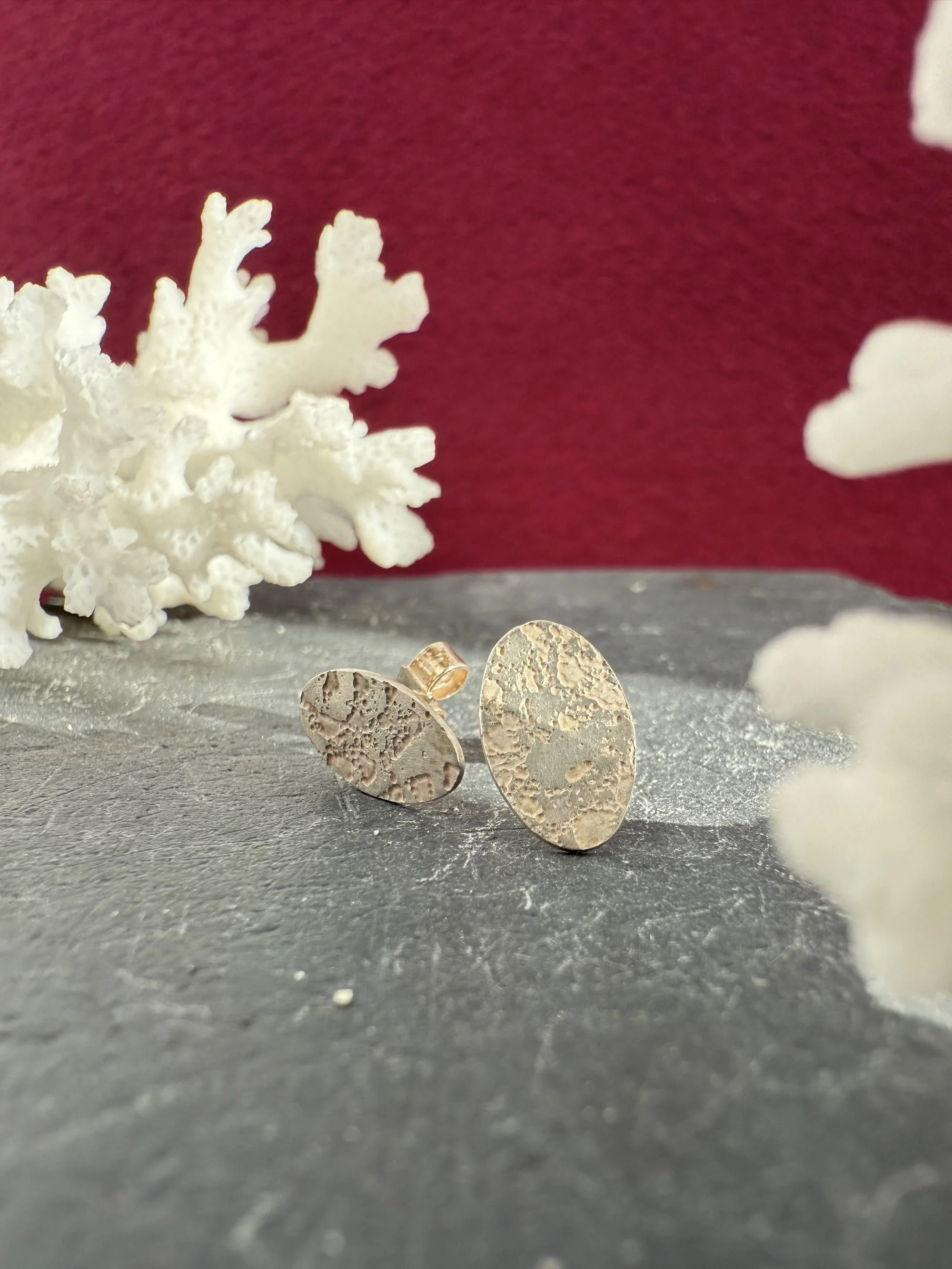 Coral Small Oval Etched Silver Studs