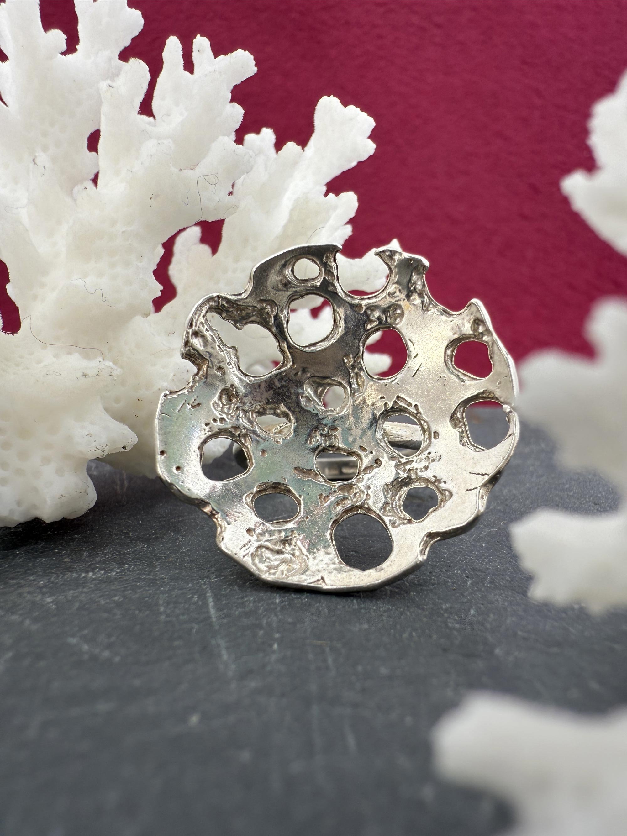 Coral Etched Through Large Round Silver Statement Ring