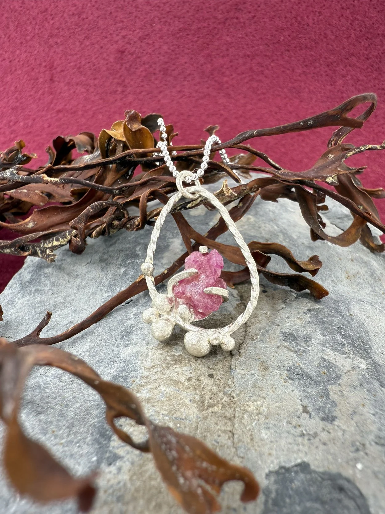 Seaweed Twist Organic Necklace With Rough Ruby and Bubble Spray Silver Granualtion Pendant