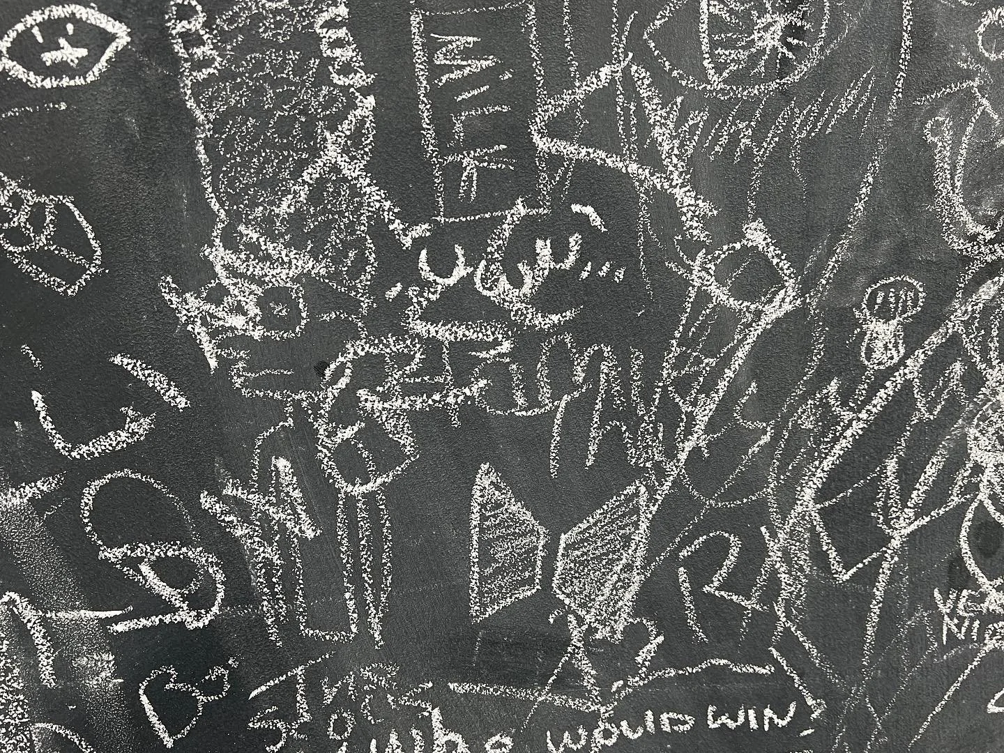 &ldquo;Beauty is in the AI of the beholder&rdquo;

Plasterboard, Chalkboard, with access to chalk and erasers.

This piece acts as a comparison and correlation between humans and AI. Given a command similar to that given to an AI program, can the ave