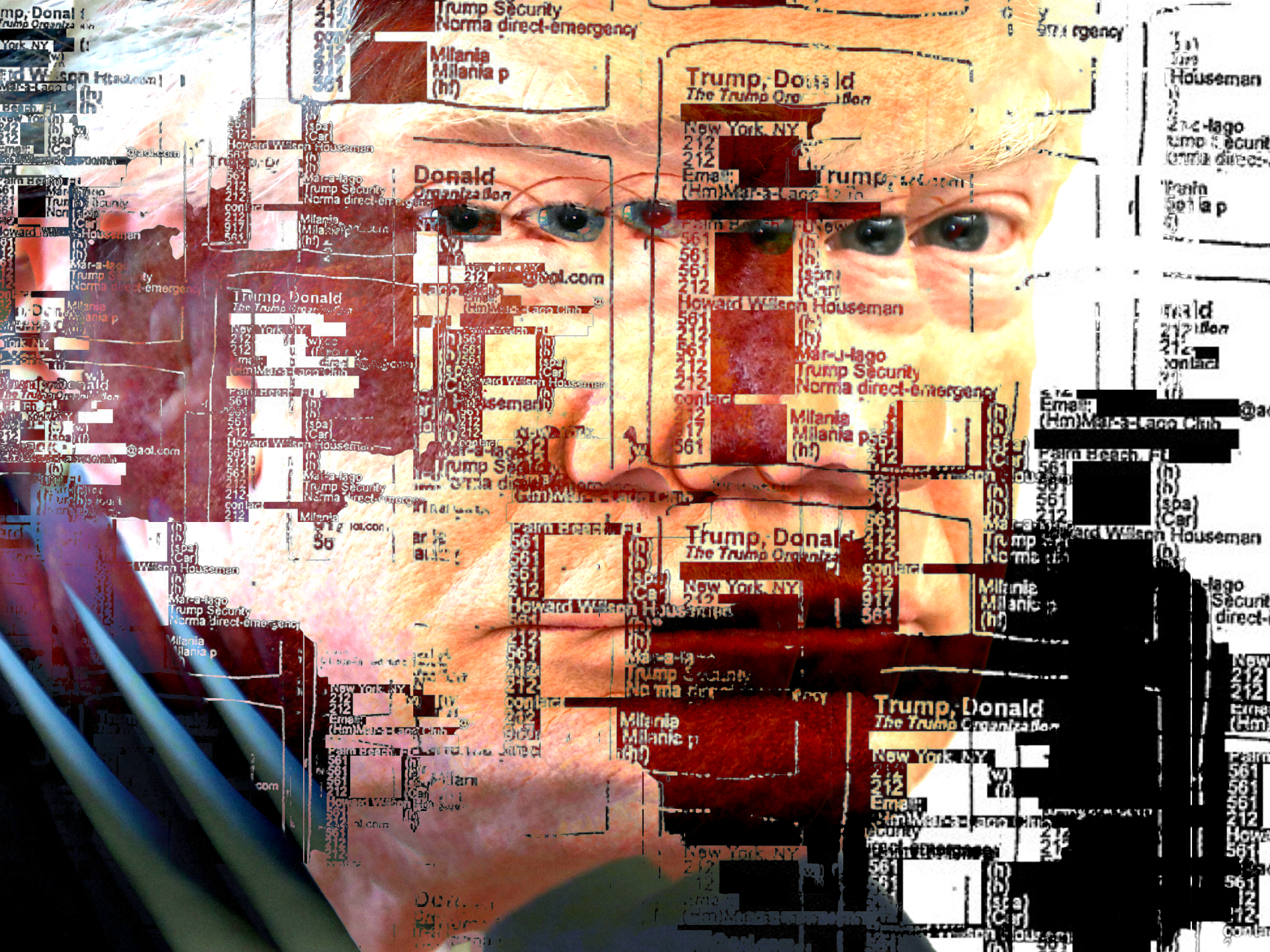A digitally distorted image of a person's face with blond hair and blue eyes, overlaid with chaotic text and numbers related to Trump and political themes.