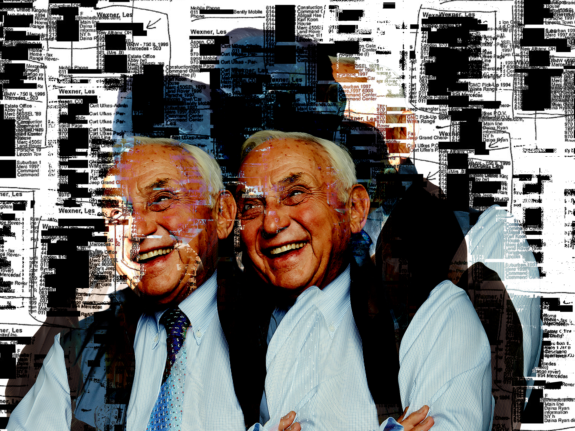 Three elderly people, two men and one woman, smiling and looking happy, with a collage background of black and white newspaper clippings and text.
