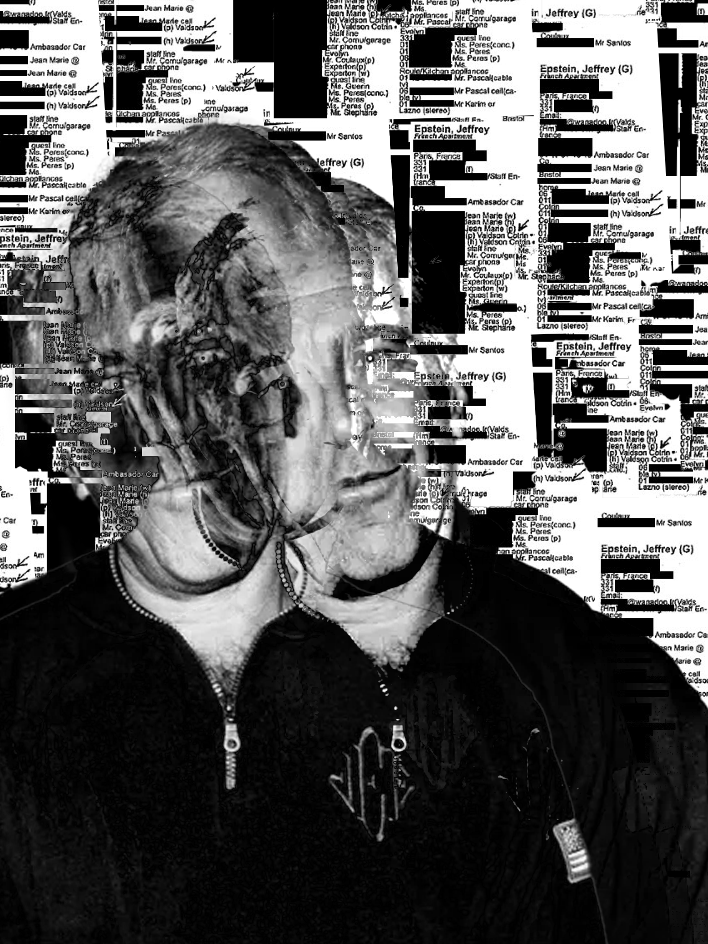 A black and white photo of a person with short hair, wearing a hoodie with a zipper, a necklace, and earphones. The person appears to be experiencing emotional distress, with eyebrows furrowed and eyes closed. The background contains chaotic, blacked-out text and paper information.