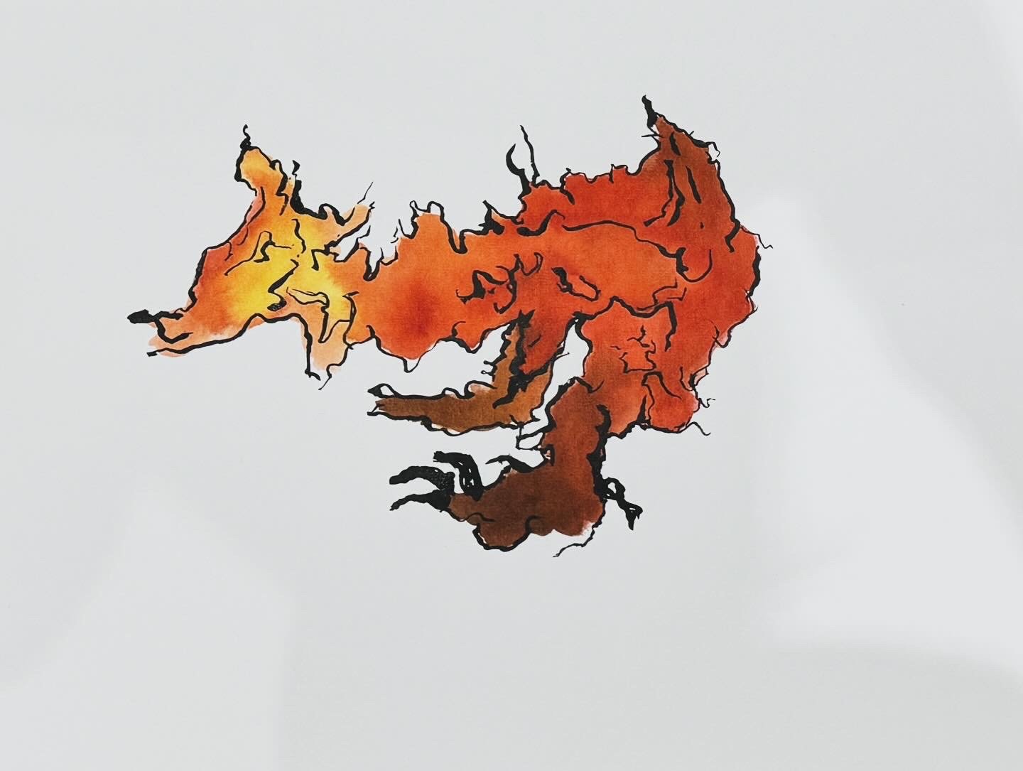Watercolor map of Japan with black outline and warm shades of orange, yellow, and brown.