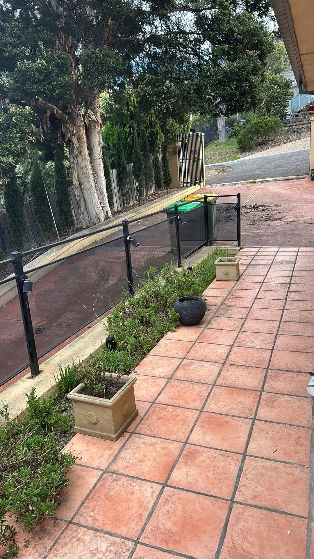 Outdoor patio with terracotta tiles, potted plants, safety railing, trees, and a driveway in the background.