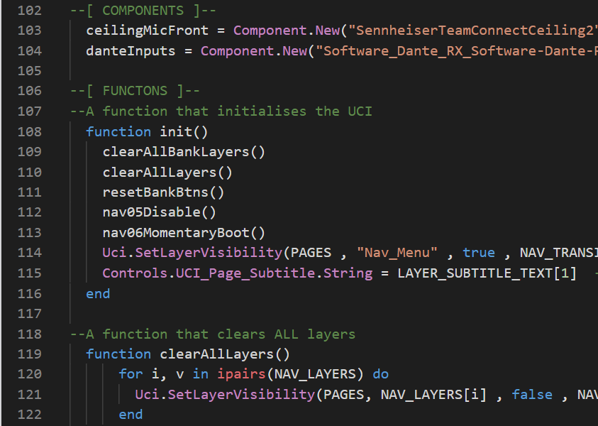 Screenshot of computer code written in a programming language, likely Lua, defining functions and components for initializing a user interface (UCI) and clearing layers. Includes functions like 'init', 'clearAllLayers', and setting component variables.