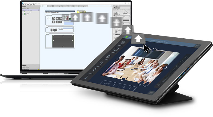 Tablet and laptop showcasing a video conference interface, with a meeting image on the tablet screen and programming software on the laptop screen.