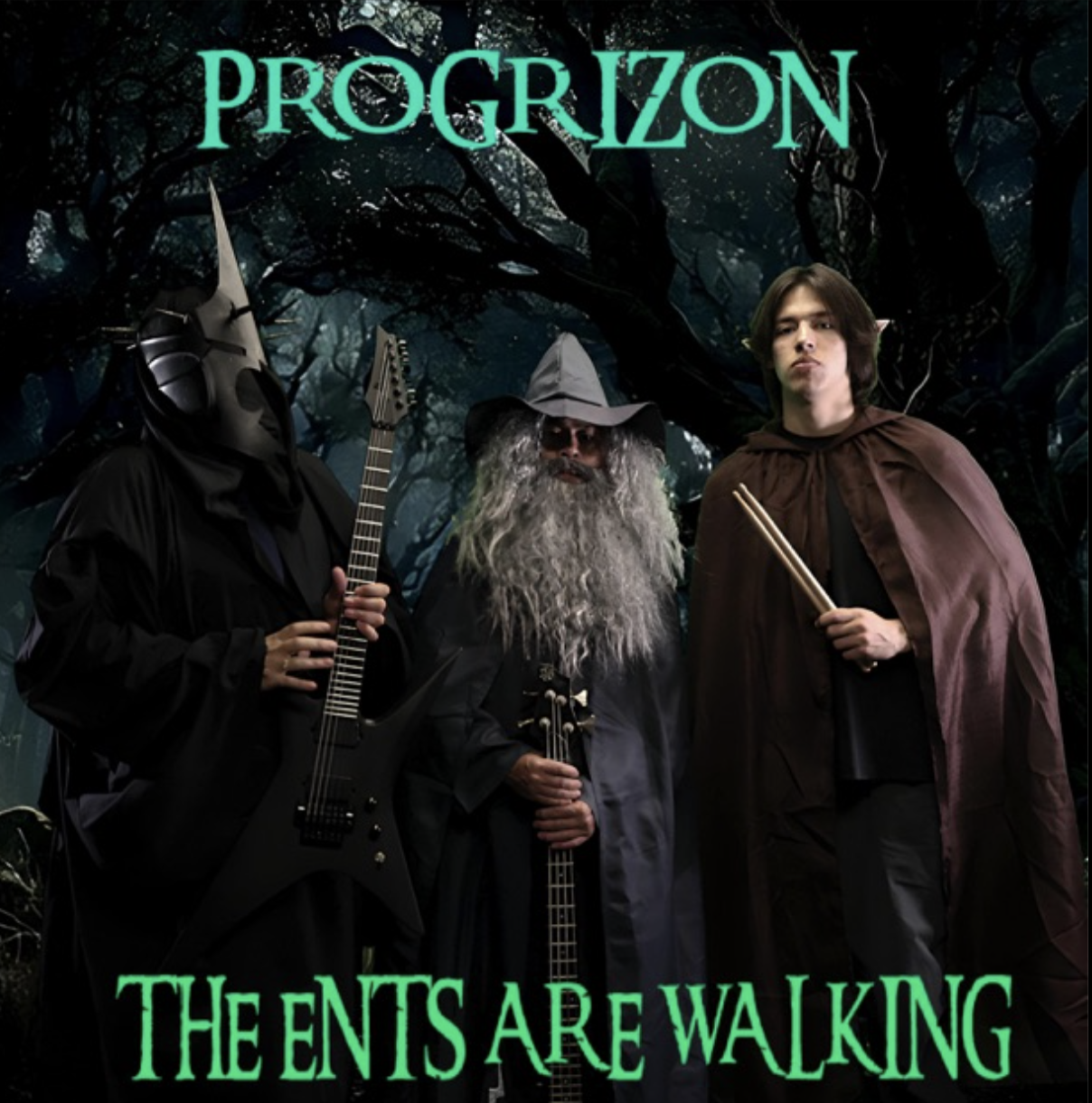 Four individuals in fantasy costumes standing in a dark forest, with text at the top reading 'PROGIZON' and at the bottom 'THE ENT'S AR E WALKING'.