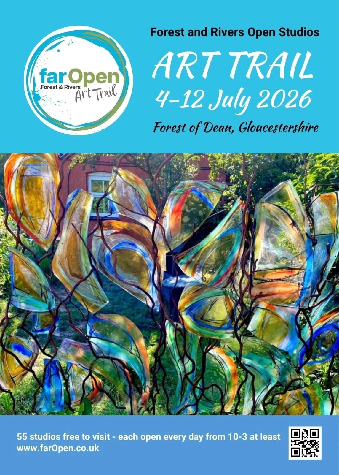 FarOpen Art Trail brochure cover showing dates: 4 - 12 July and colourful stained glass image.