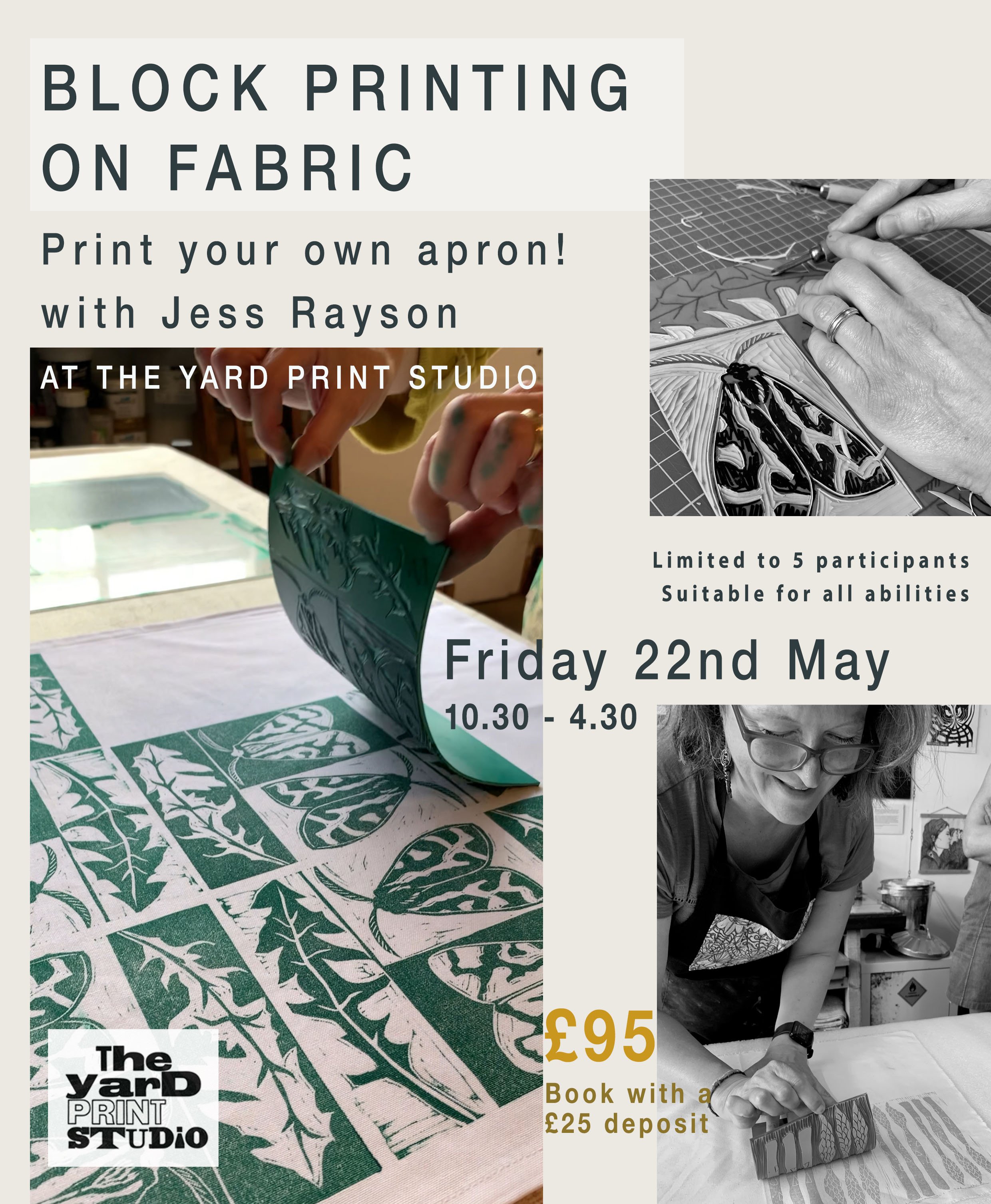 Flyer for block printing on fabric workshop with Jess Rayson showing lino printing in various stages and Jess teaching
