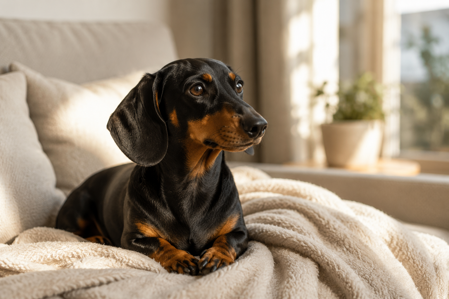 Dackel auf einer Decke in hellem Wohnraum – individuelle Hundebetreuung bei Ihnen zu Hause.