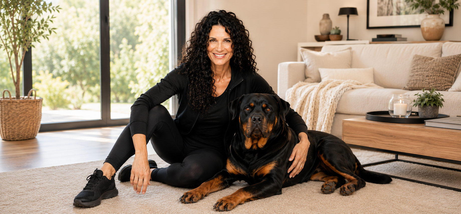 Tanja Rücker sitzt mit einem Rottweiler in einem hellen Wohnzimmer – persönliche Hundebetreuung im Zuhause des Hundes.
