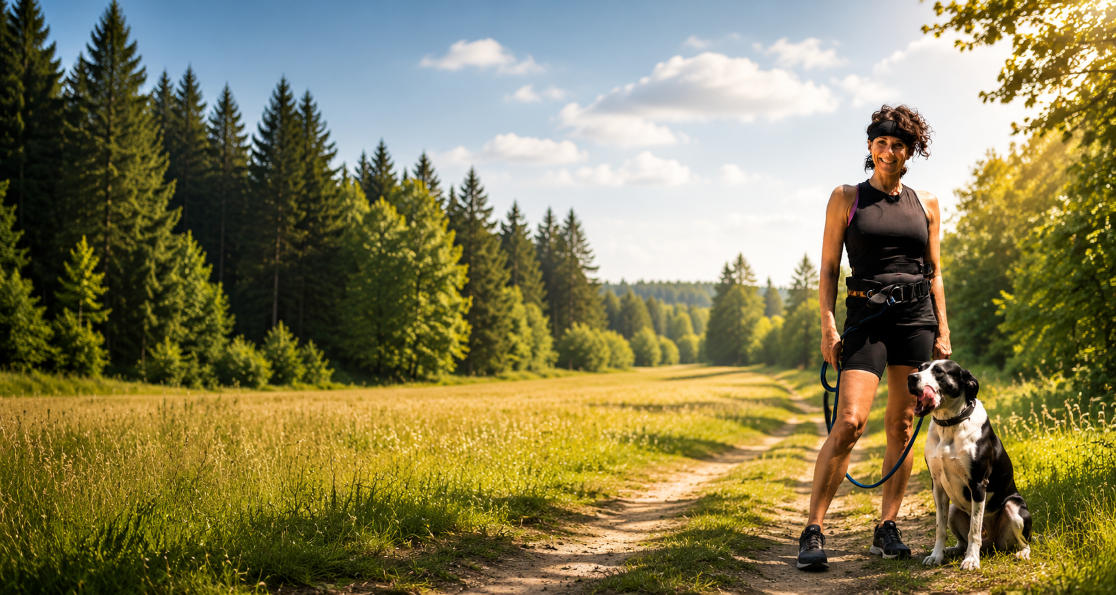 Tanja Rücker mit Hund beim sportlichen Spaziergang am Waldrand – aktive Hundebetreuung mit Bewegung und Verlässlichkeit.