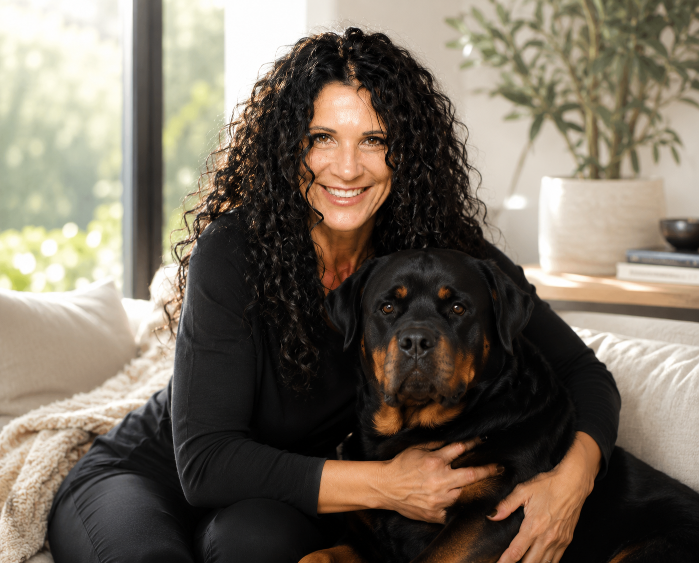 Tanja Rücker mit Hund auf einem Sofa – persönlicher Kontakt für exklusive Hundebetreuung bei Ihnen zu Hause.