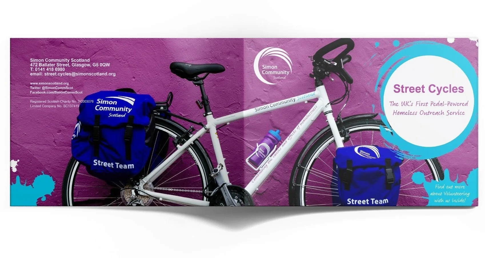 Brochure design for Street Cycles, the first pedal-powered homelessness outreach service in the UK. (Simon Community Scotland)