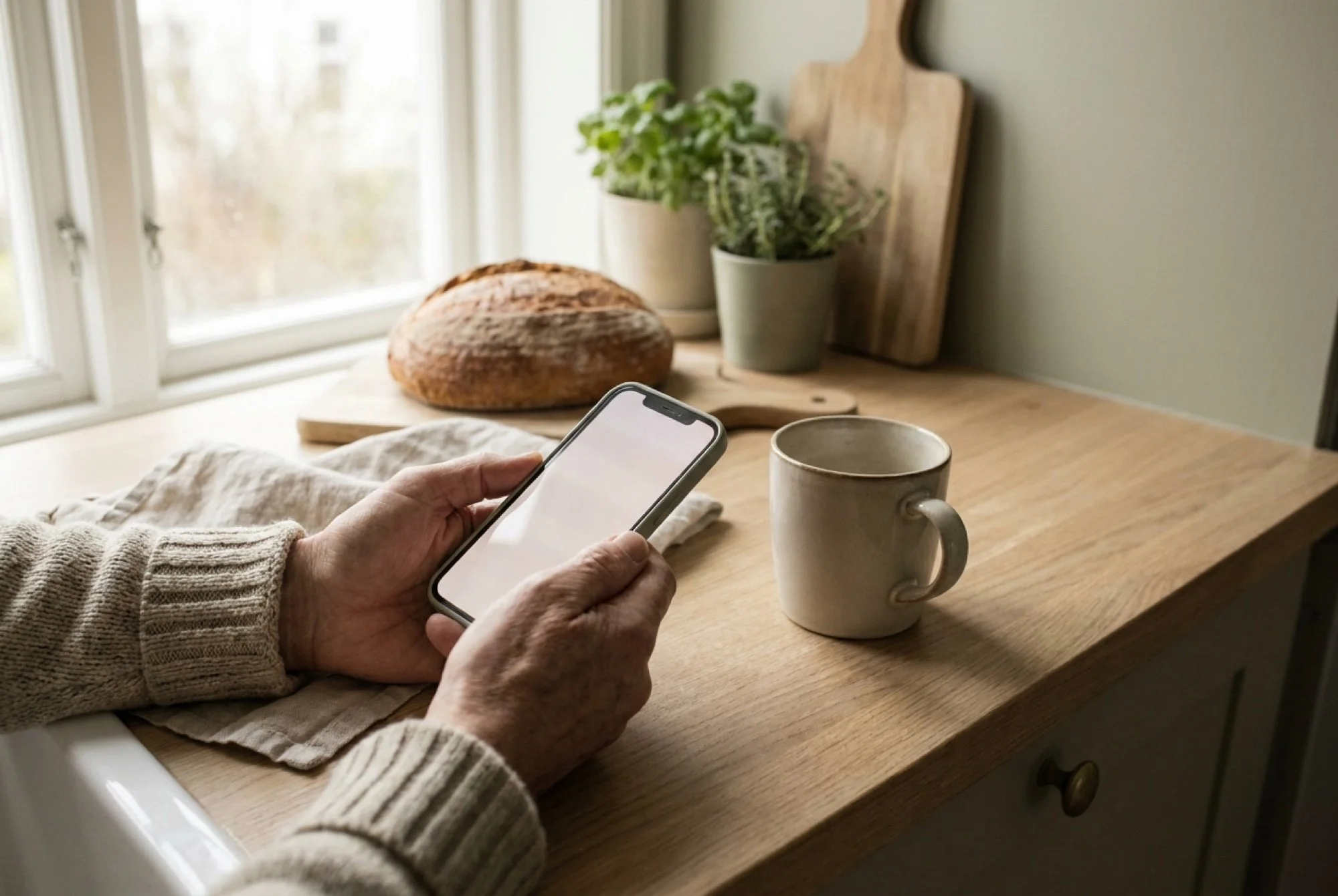 Hände halten ein Smartphone an einer Küchenzeile