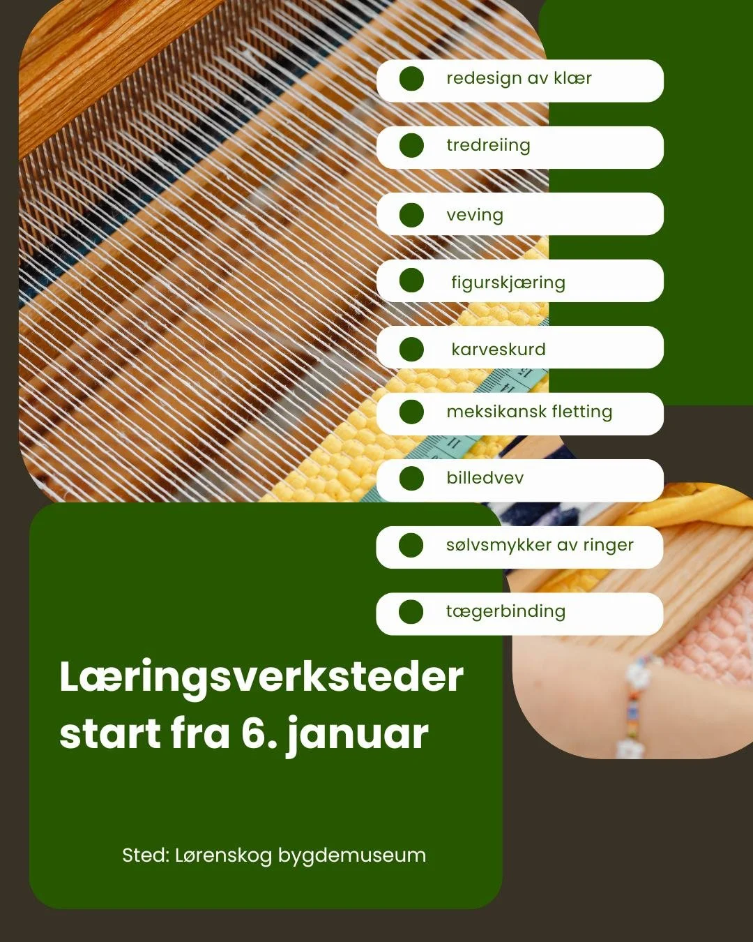 Velkommen til husflidslagets l&aelig;ringsverksteder.
Et l&aelig;ringsverksted er for deg som kan teknikken godt nok til &aring; jobbe selvstendig, og &oslash;nsker &aring; &oslash;ve sammen med andre. Det er ikke lagt opp til undervisning.
Du betale