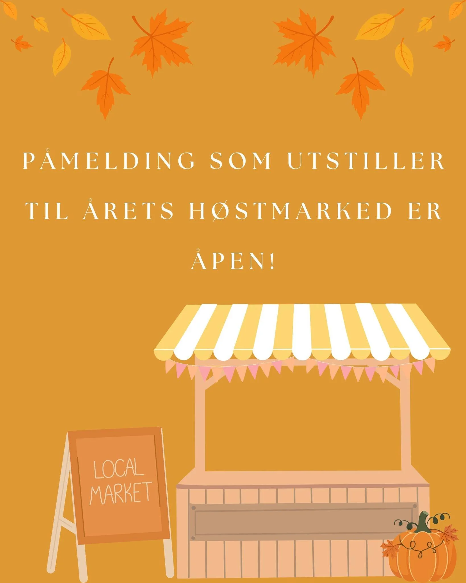 Bli med som utstiller p&aring; &aring;rets h&oslash;stmarked s&oslash;ndag 6/9 kl. 12.00 &ndash; 16.00.
Her st&aring;r alle utstillere ute p&aring; tunet. Det vil bli salg av husflidsprodukter og servering tradisjonsrik mat i v&aring;r kaf&eacute;.
M