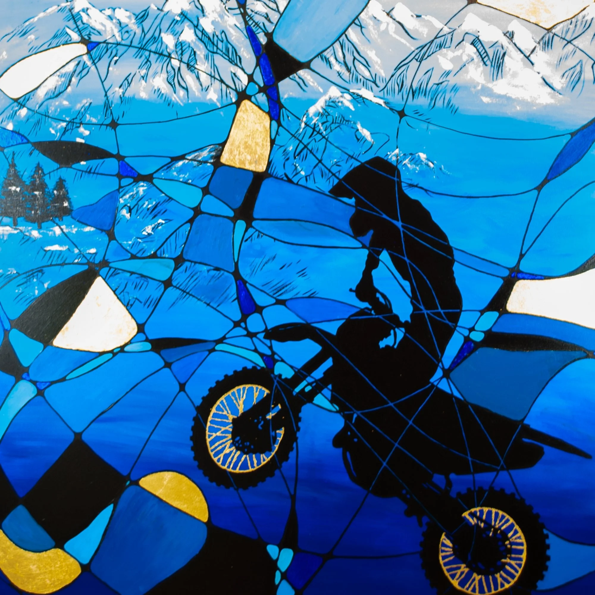 Abstraktes Gemälde mit dicken, texturierten Pinselstrichen in Blau, Braun, Beige und Ocker.