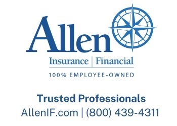 Allen Insurance and Financial logo with a compass symbol, text indicating 100% employee-owned, and contact information.