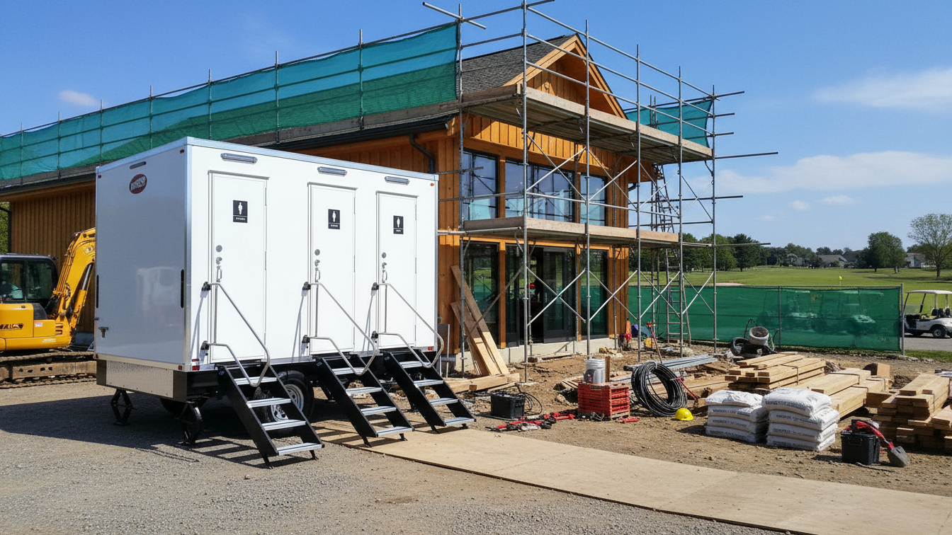 mobile restroom trailers outside on muddy field