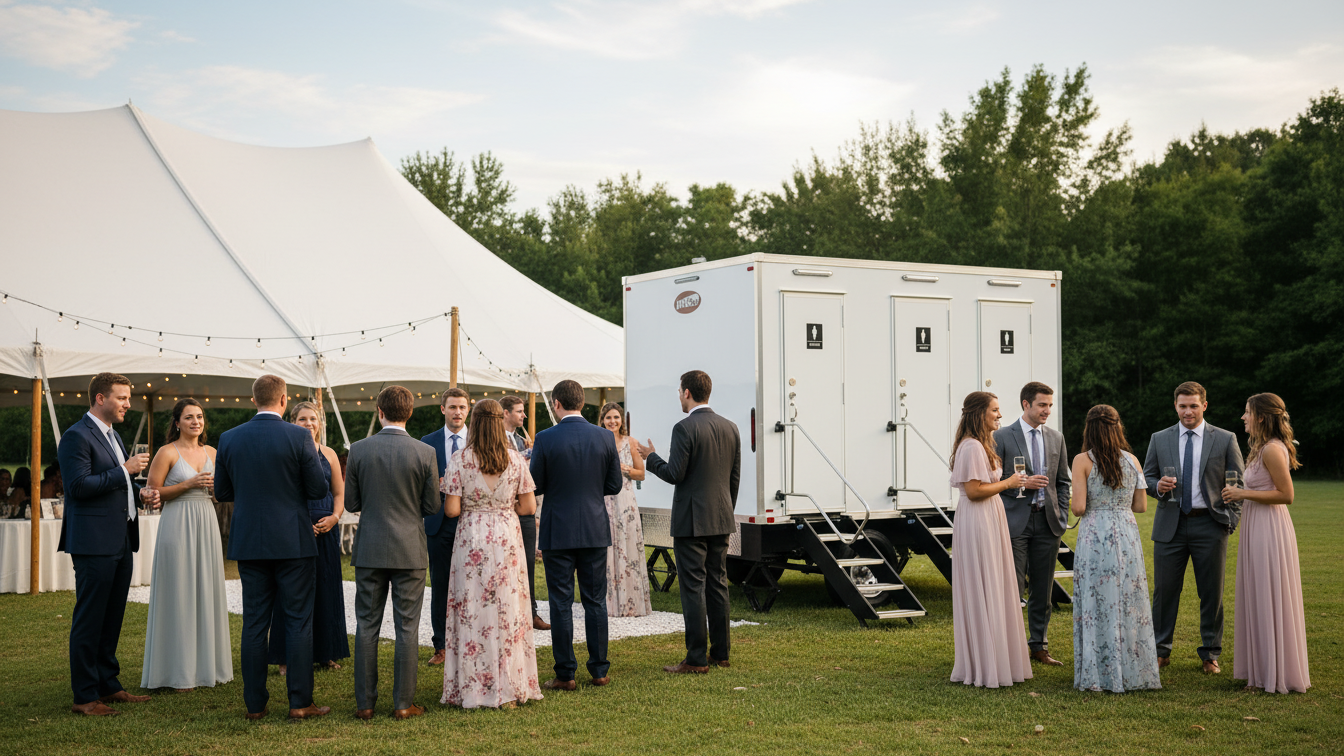 mobile restroom outside on the grass at a wedding