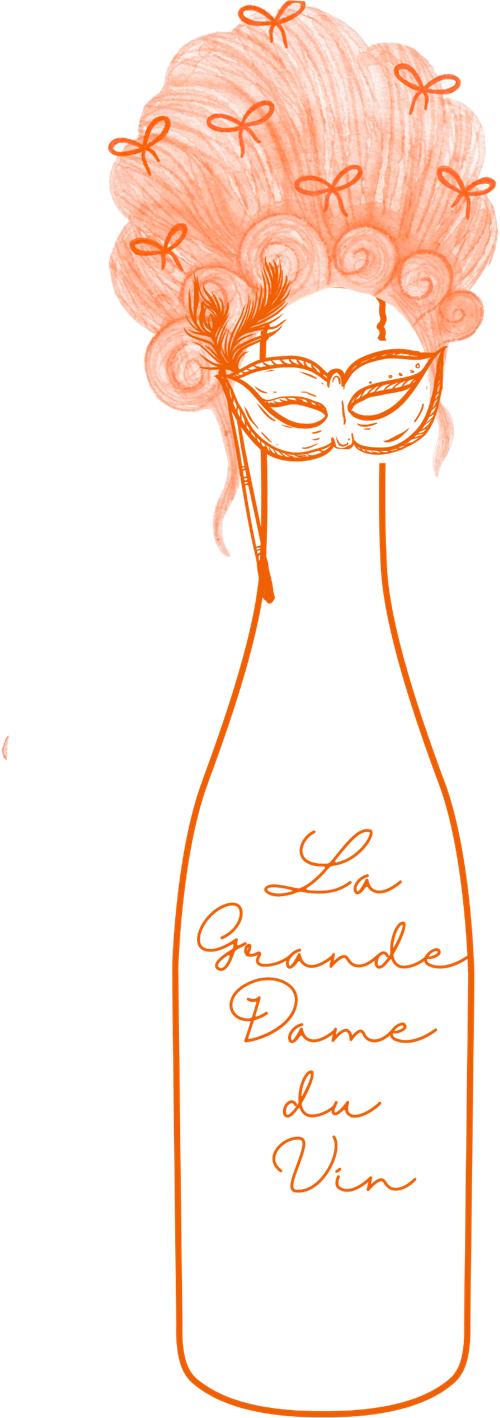 La Grande Dame du Vin illustration: wine bottle wearing a masquerade mask