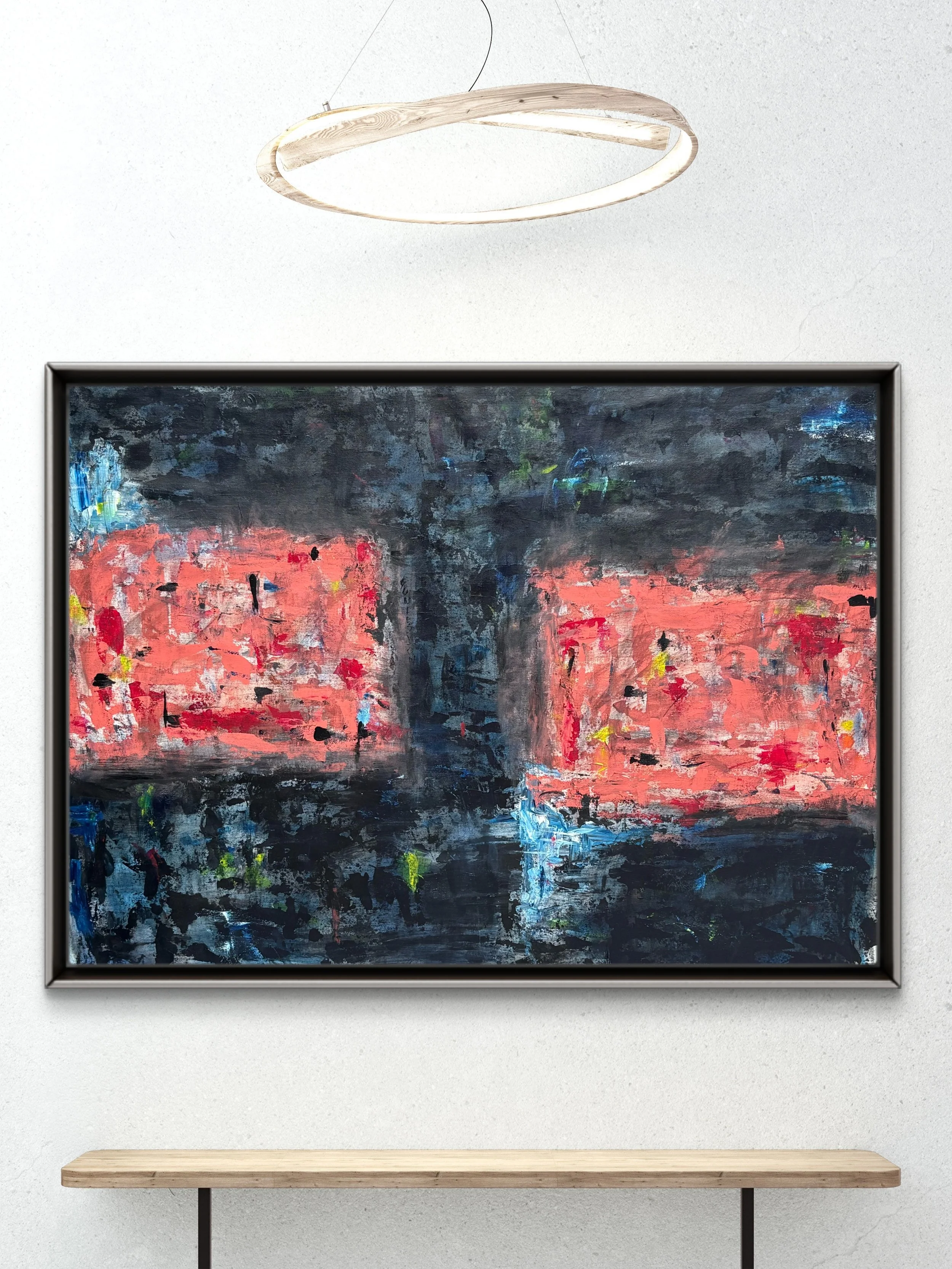 Abstract painting from Asmaa Harimi’s Blackout collection displayed in an art gallery, featuring pink, black and midnight blue.