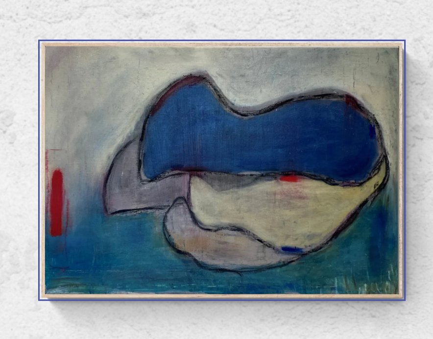Abstract oil painting by Asmaa Harimi featuring overlapping curved forms in deep blue, cream and grey, outlined in black against a muted teal background with small red accents.
